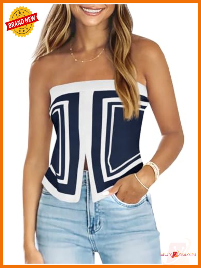 Strapless Crop Tube Top Sleeveless Knit Summer Trendy Color Block Asymmetrical